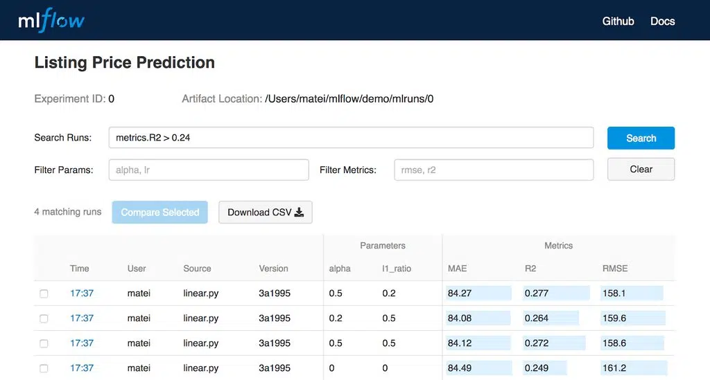 MLFlow Dashboard