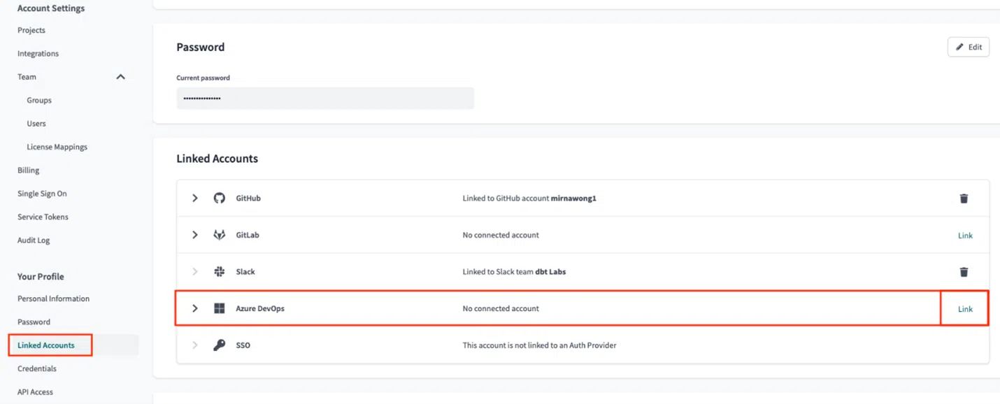 Screenshot - STEP - 1: Authenticate Dbt Cloud App with Azure DevOps - Connect Azure Devops and dbt cloud profile.