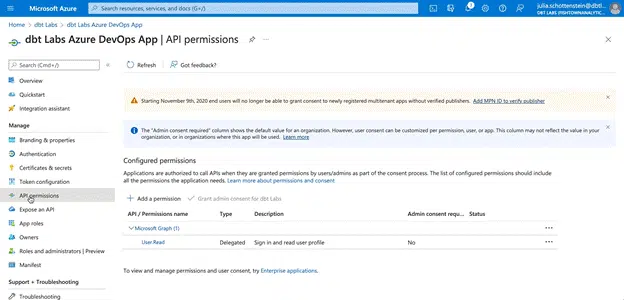 Screenshot image: Update Permissions for newly created Azure app: To grant your new app access to Azure DevOps