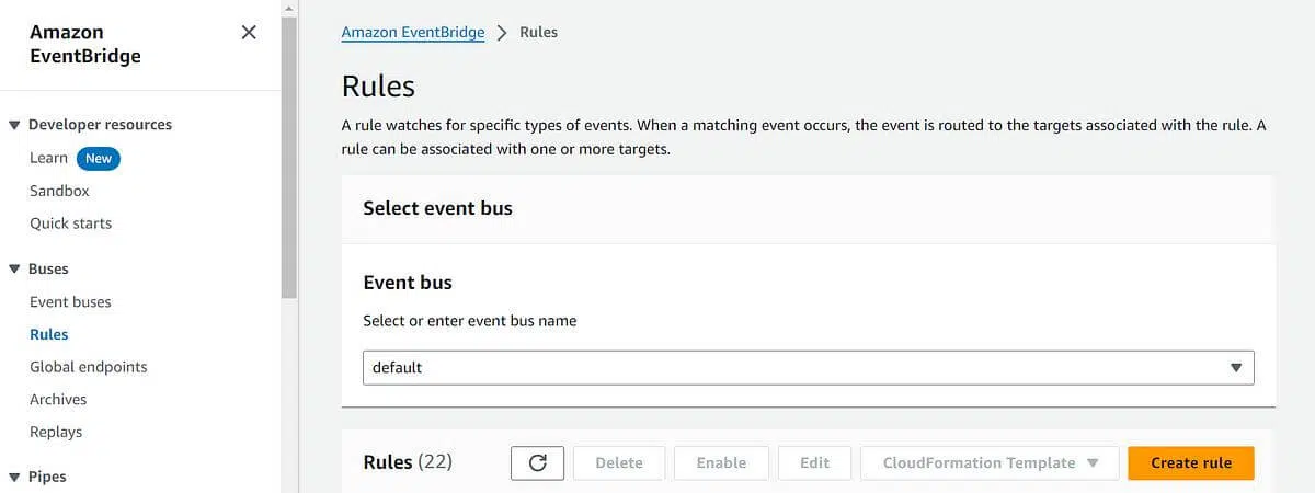 screenshot image: In the EventBridge console, click on “Rules” in the left navigation pane, then click on the “Create rule” button.