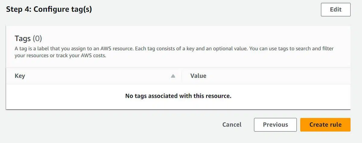 screenshot image: Step-4: You have the option to configure the tags as per your requirements. Step-5: Review all your configurations and click on “Create rule.”