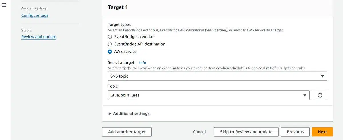 screenshot image: Step-3: Configure the target details such as function name, topic, or queue URL based on the target type selected when adding a target in EventBridge rule creation.