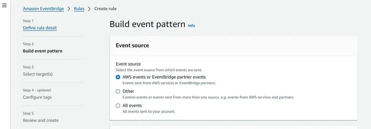 screenshot image: you can define the event pattern that triggers this rule-this can be based on various factors like event source-event type or event pattern